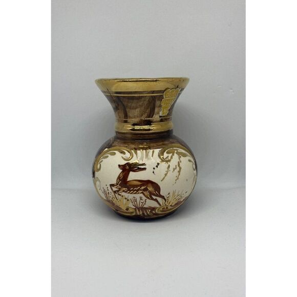Vintage‎ H Bequet Brown Stag Deer Hand Painted Porcelain Vase Belgium - Picture 1 of 7